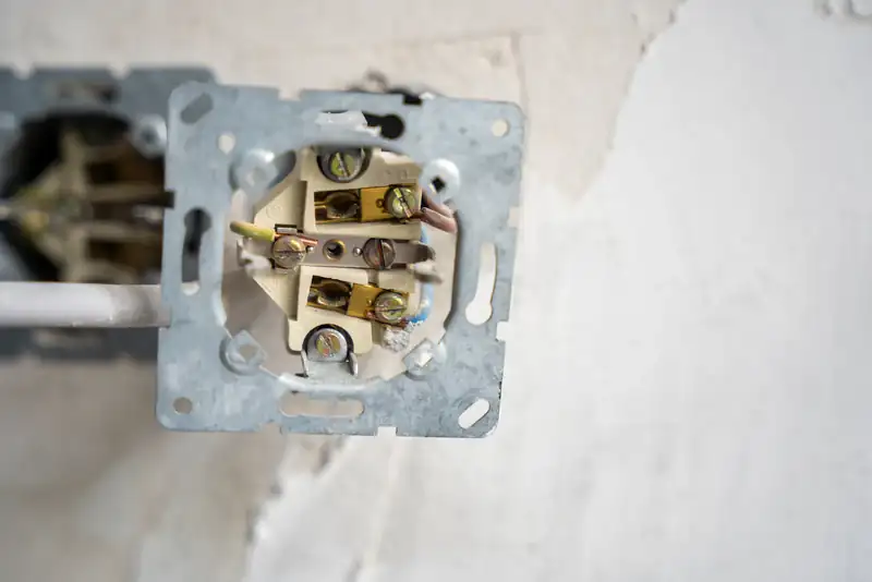 Opened wall outlet exposing wiring