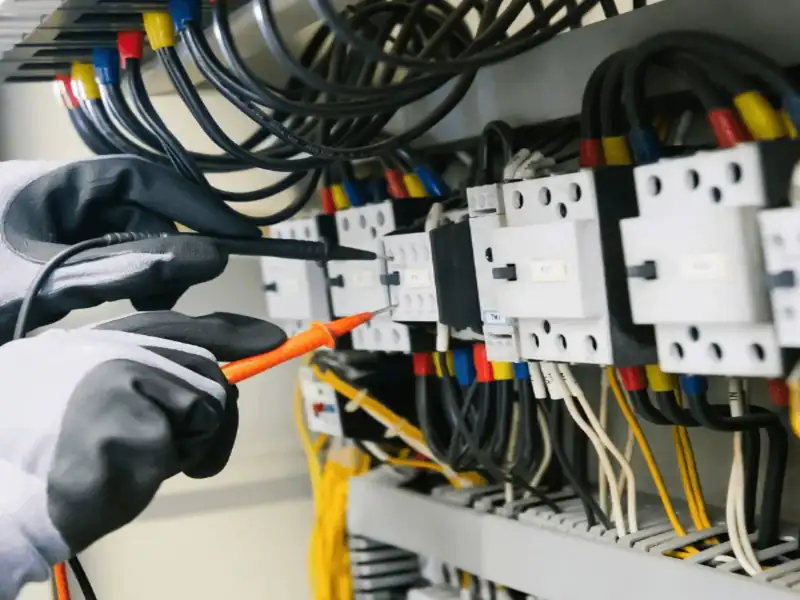 Licensed electrician testing an electrical panel with a multimeter