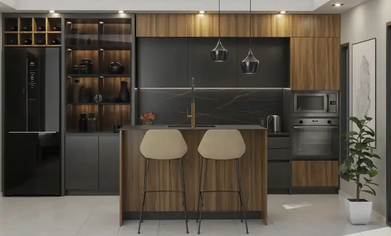 Modern kitchen with island lighting and appliances