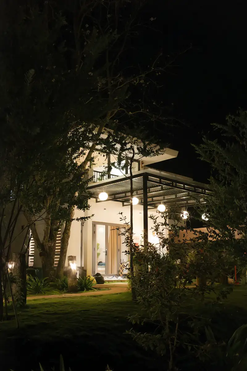 Modern home with energy-efficient exterior LED lighting at night